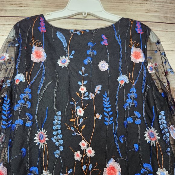 Sorrento Navy Blue Floral Embroidered Blouse Sheer Sleeves Women's Medium - Picture 10 of 13